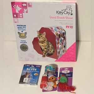 Bundle Cat Scratch Paper Heart House, 2 PalsToys, 3oz. Can food, 4.2oz solution